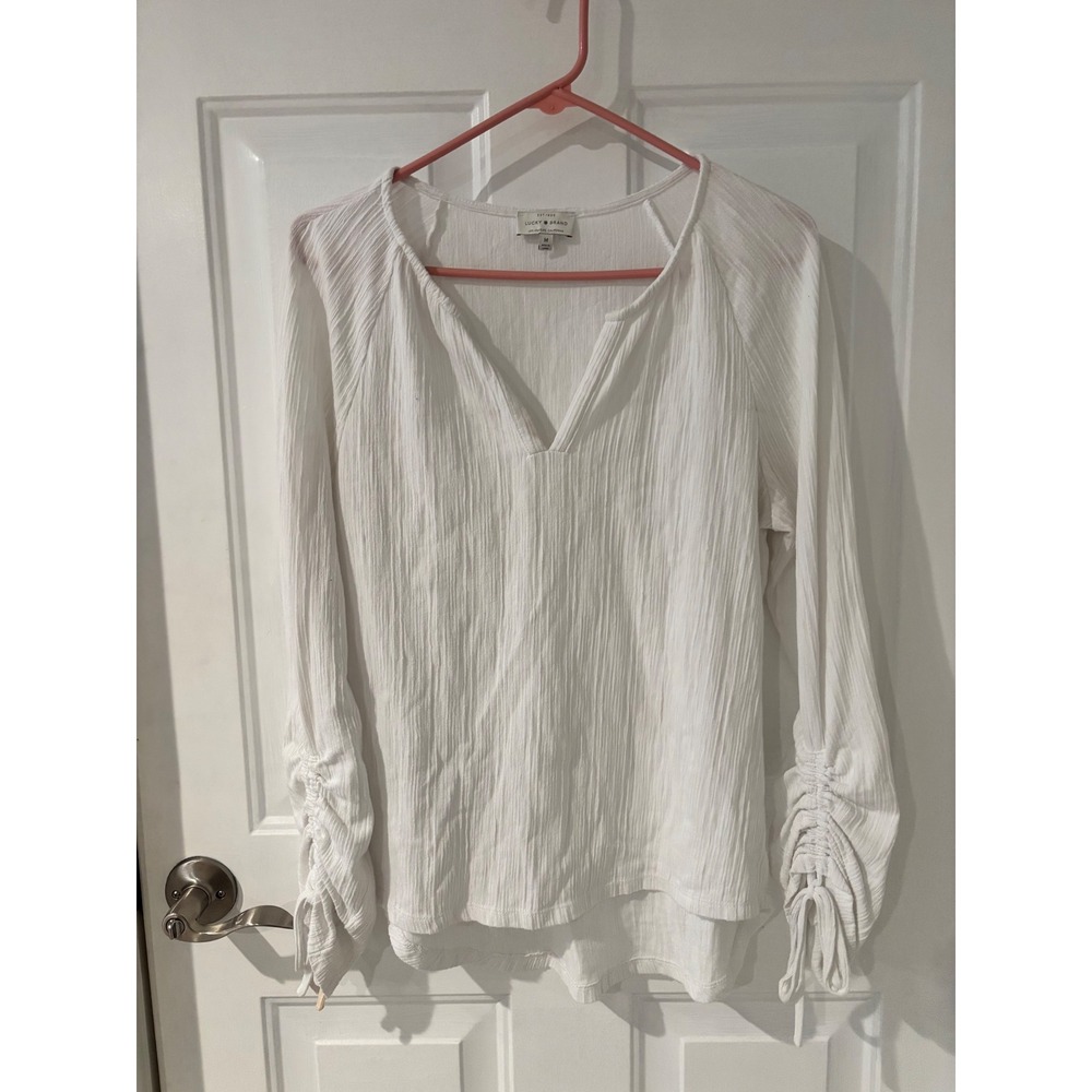 Lucky Brand Women White Crinkle Gauze Split Neck Ruched‎ Tie Sleeve Blouse Boho